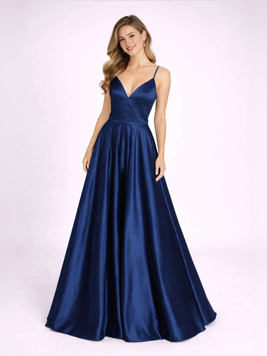 Navy Blue a-line floor-length formal dress with V-neckline, full-length front view