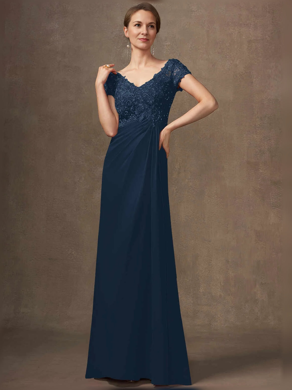 Dark Navy floor-length mother of the bride dress, front view showing the a-line silhouette