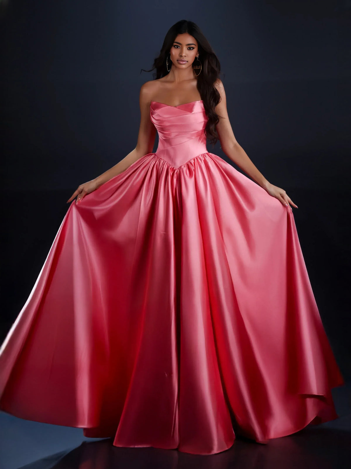 Watermelon floor-length prom dress, front view showing the a-line silhouette