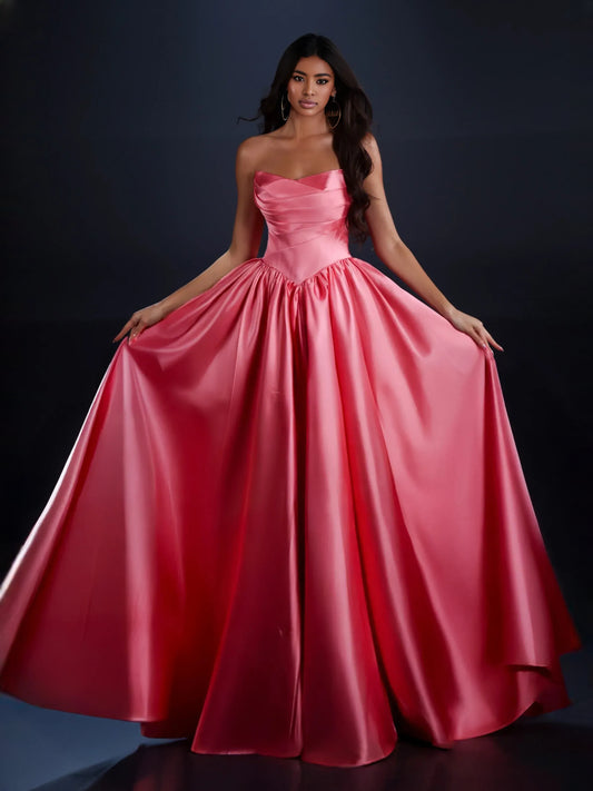 Watermelon floor-length prom dress, front view showing the a-line silhouette
