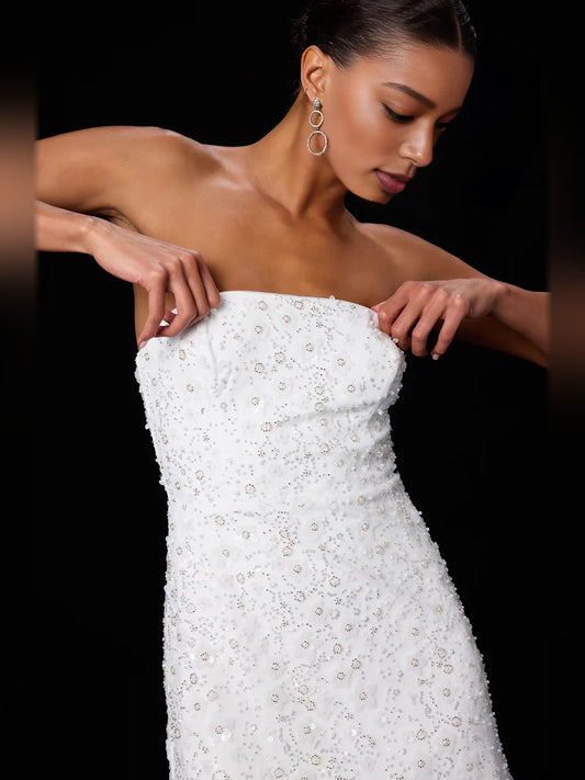 White mini homecoming dress, alternate view showing the full-length silhouette