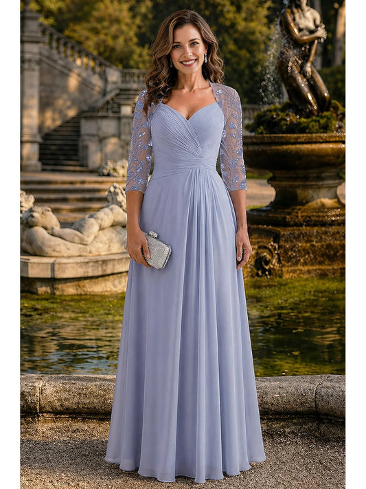 Dusty Blue floor-length mother of the bride dress, front view showing the a-line silhouette