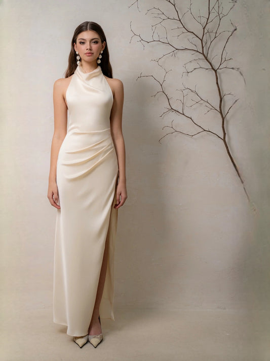 Ivory maxi bridesmaid dress, front view showing the sheath silhouette