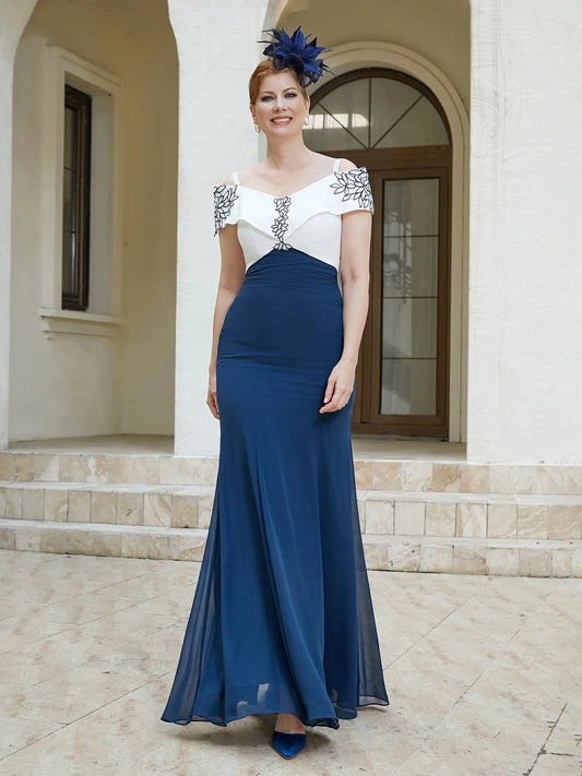 Navy Blue mermaid floor-length formal dress with off-the-shoulder neckline, full-length front view