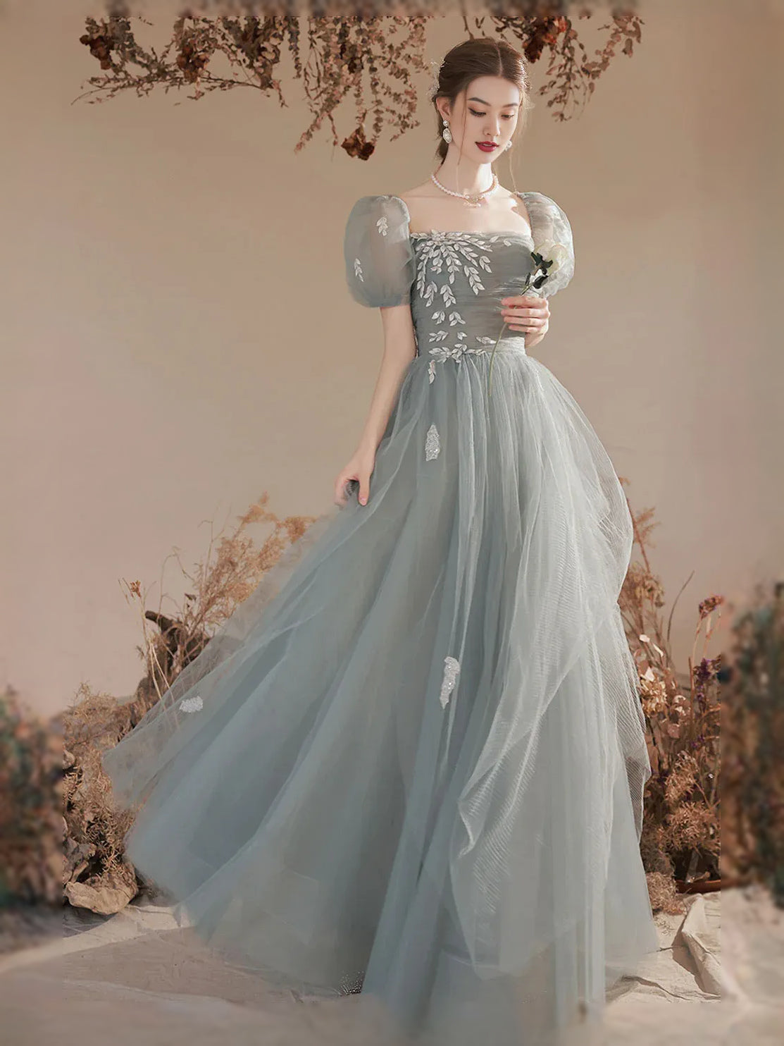 Mist Blue maxi prom dress, front view showing the a-line silhouette