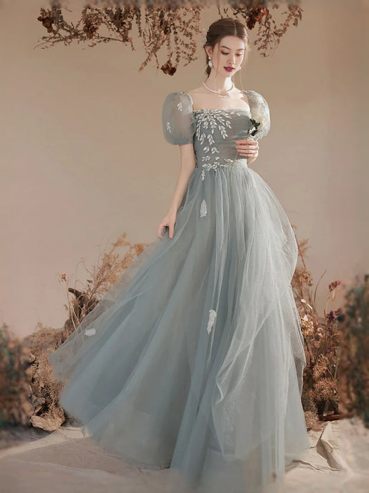 Mist Blue maxi prom dress, front view showing the a-line silhouette