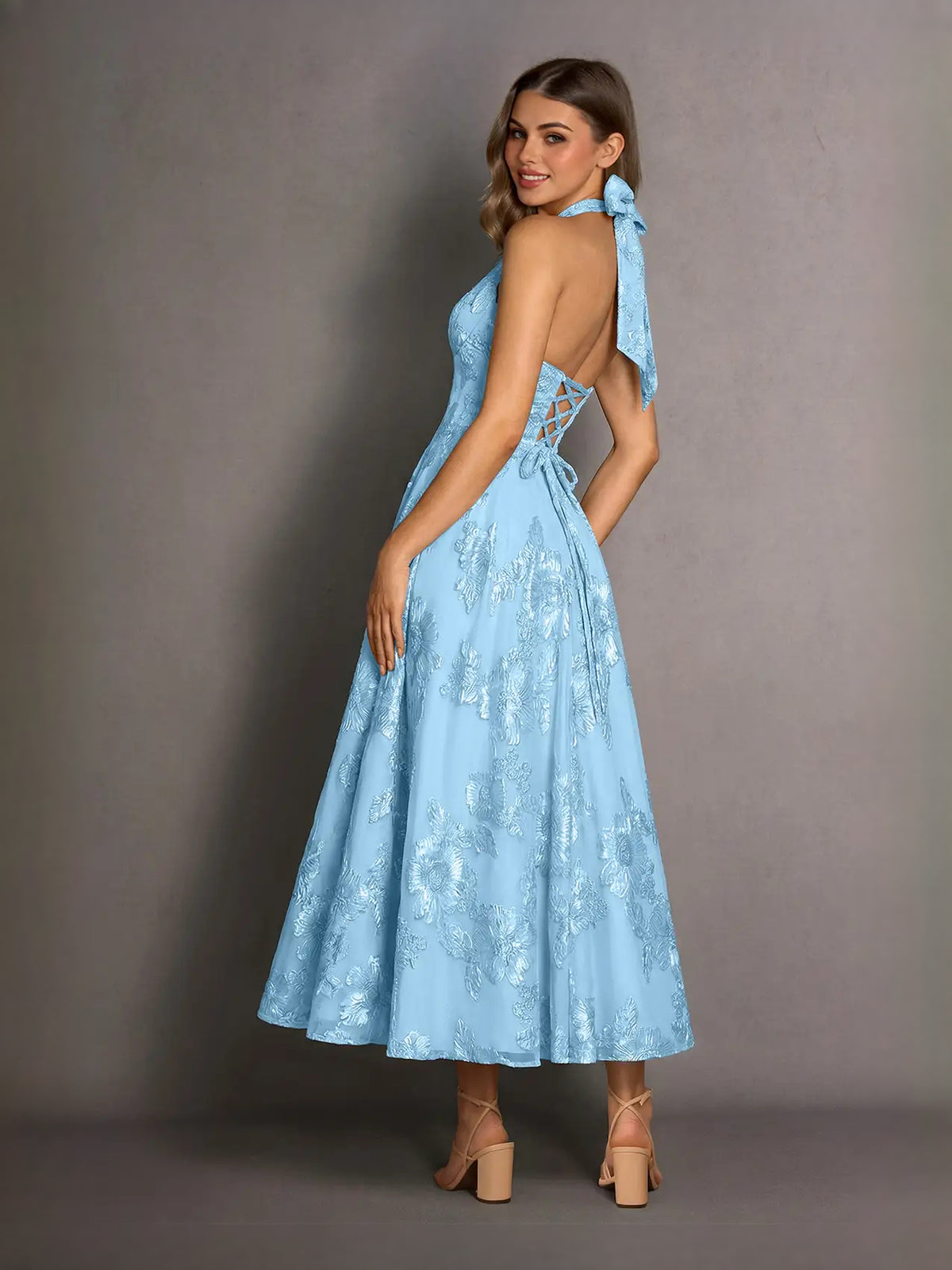 Ivory midi prom dress, front view showing the a-line silhouette