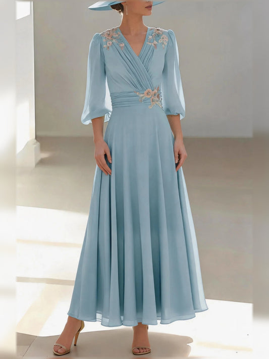 Dusty Blue floor-length mother of the bride dress, front view showing the a-line silhouette