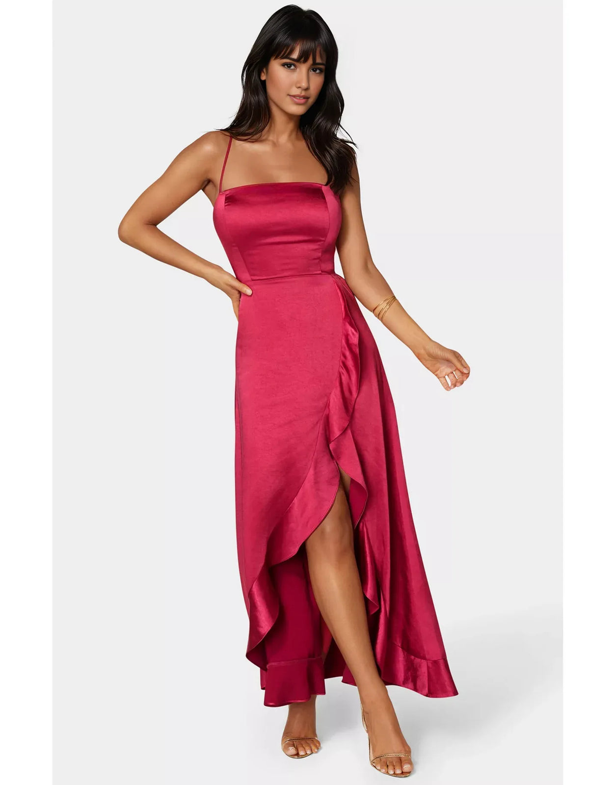 Raspberry a-line floor-length formal dress with ruffle details, full-length front view