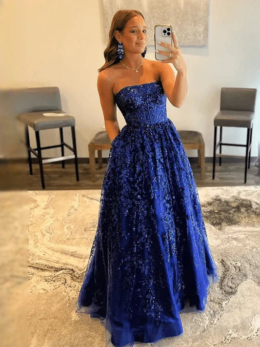 Royal Blue floor-length prom dress, front view showing the ball-gown silhouette