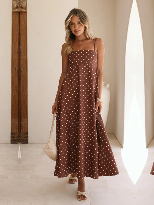 Chocolate Cream Polka Dot a-line maxi formal dress with strapless neckline, full-length front view