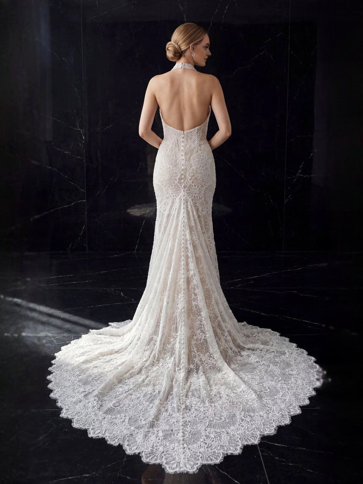 Ivory floor-length wedding dress, front view showing the mermaid silhouette