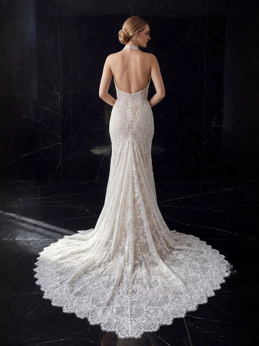 Ivory floor-length wedding dress, front view showing the mermaid silhouette