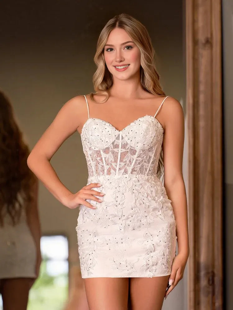 Ivory mini homecoming dress, alternate view showing the full-length silhouette