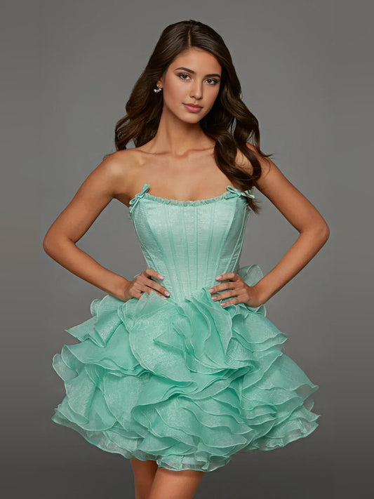 Turquoise mini homecoming dress, alternate view showing the full-length silhouette