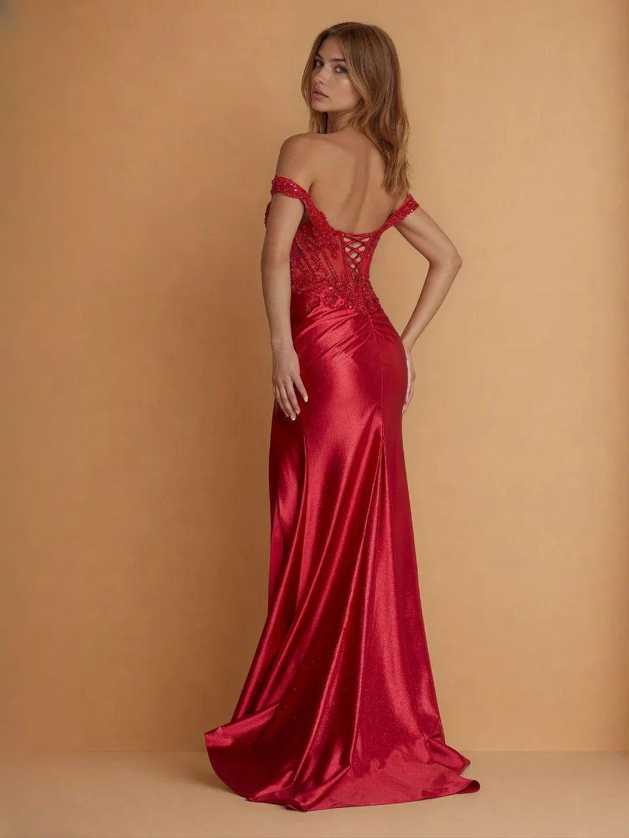 Gold floor-length prom dress, front view showing the mermaid silhouette