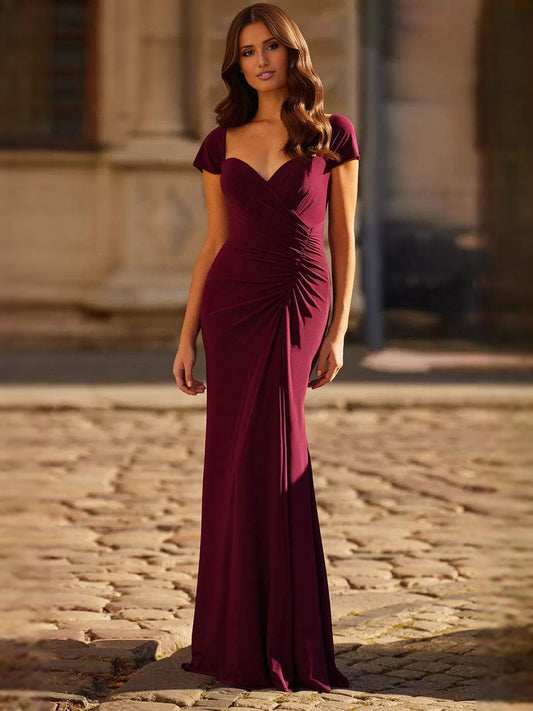 Wine floor-length mother of the bride dress, front view showing the mermaid silhouette