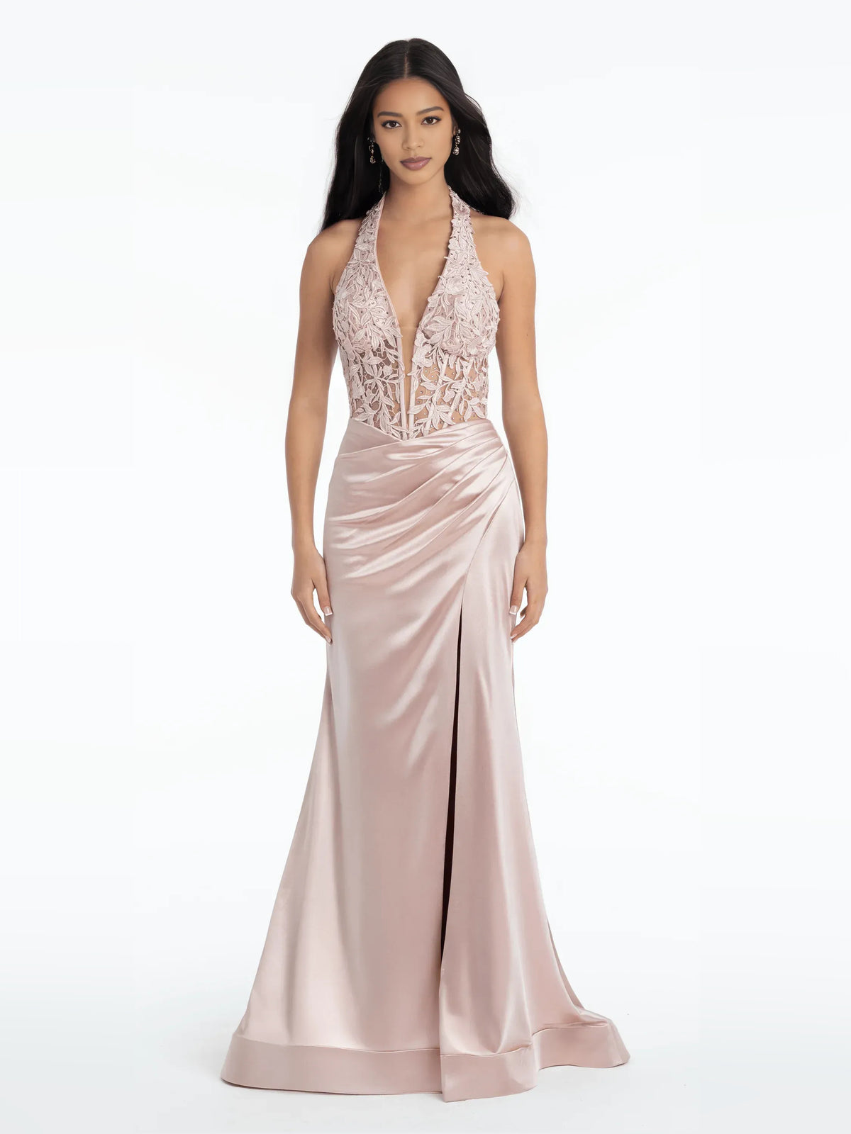 Blush Pink mermaid floor-length formal dress with halter neckline, full-length front view