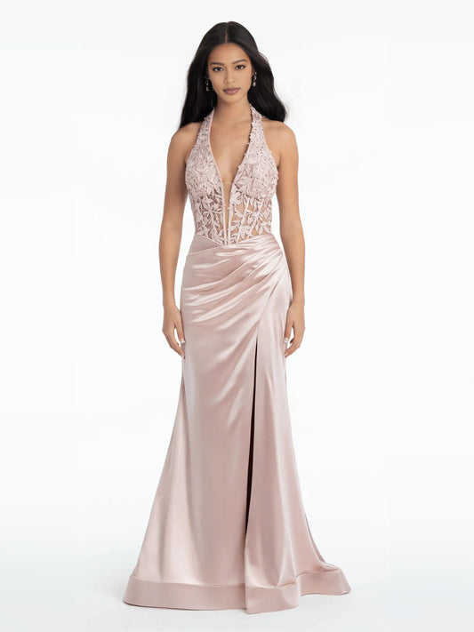 Blush Pink mermaid floor-length formal dress with halter neckline, full-length front view