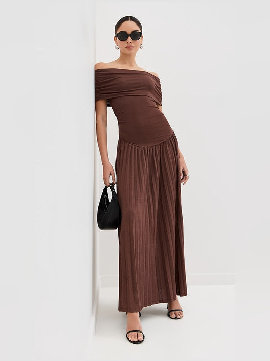 Brown a-line maxi formal dress with off-the-shoulder neckline, full-length front view