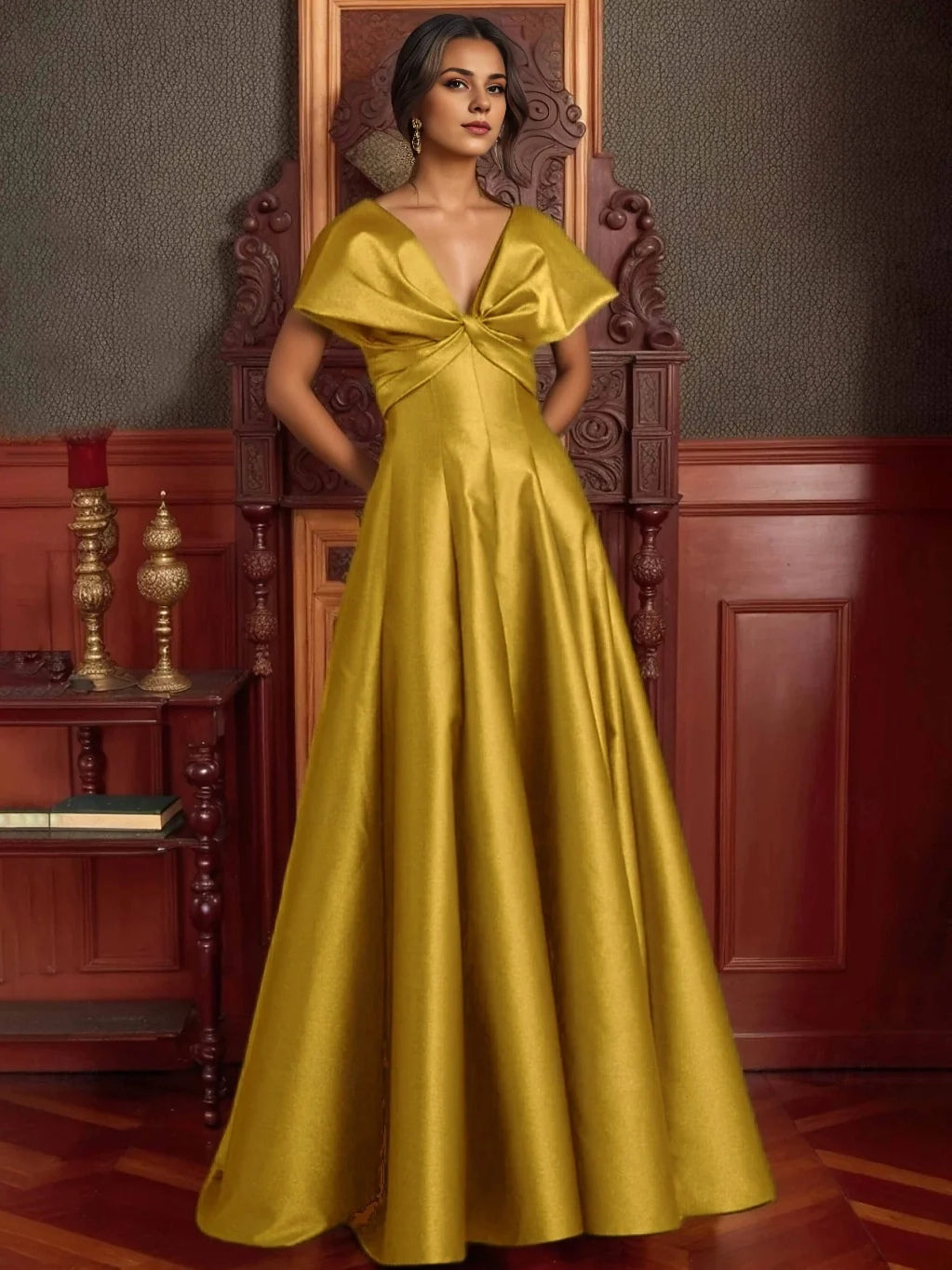 Bronze floor-length prom dress, front view showing the a-line silhouette