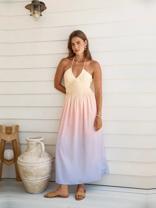 Purple a-line maxi formal dress with halter neckline, full-length front view