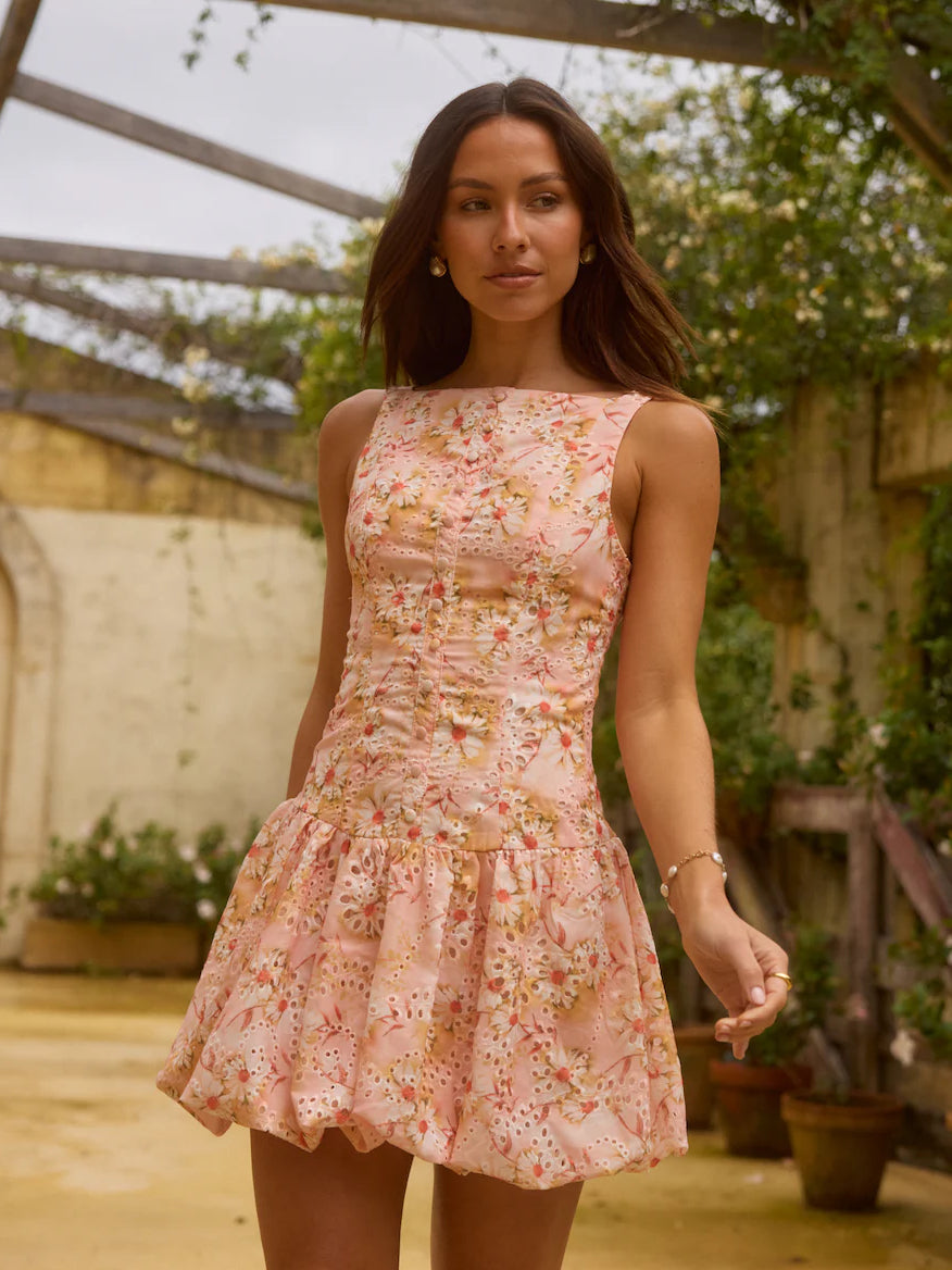 Pink mini homecoming dress, front view showing the silhouette