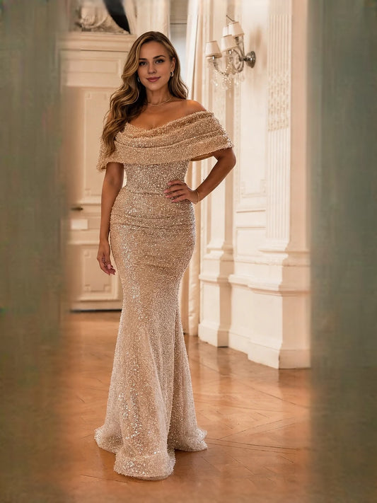 Gold maxi prom dress, front view showing the mermaid silhouette