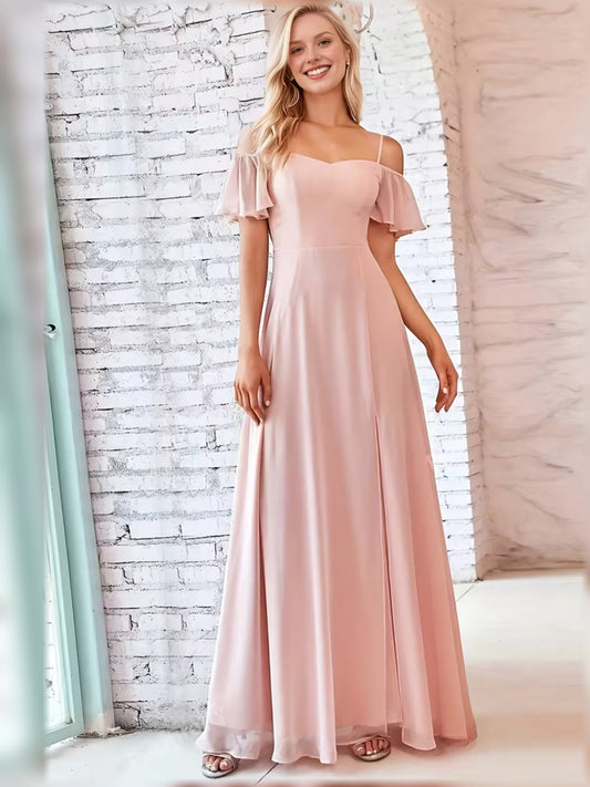 Coral maxi bridesmaid dress, front view showing the a-line silhouette