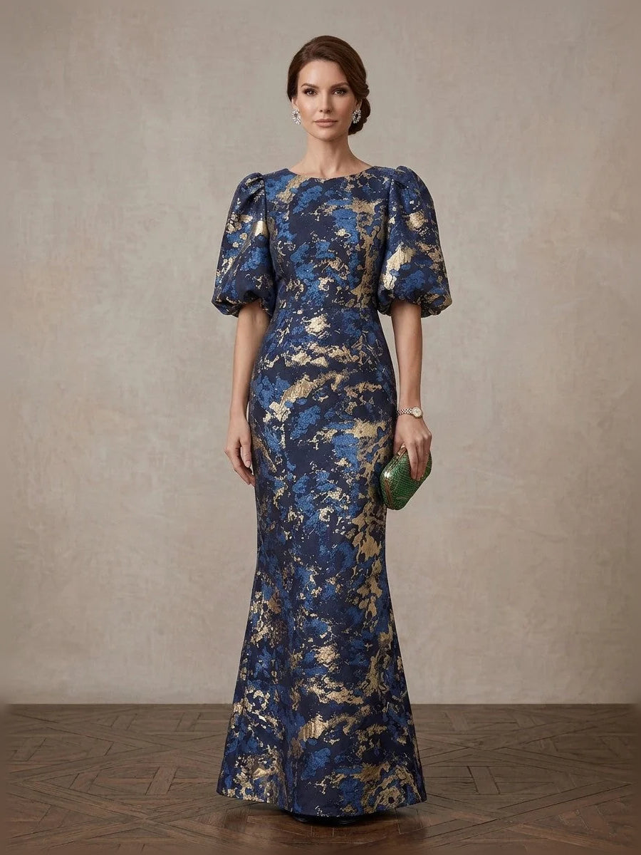 Navy Blue floor-length mother of the bride dress, front view showing the mermaid silhouette