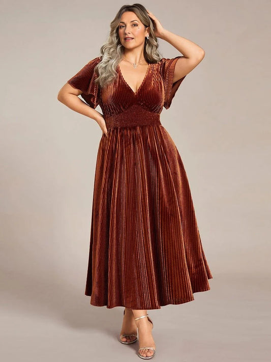 Deep Red midi mother of the bride dress, front view showing the a-line silhouette
