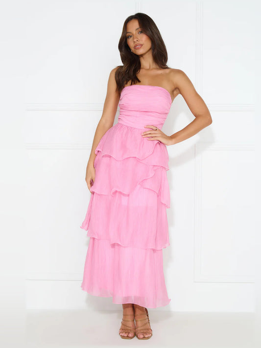Pink midi formal dress with strapless neckline, full-length front view