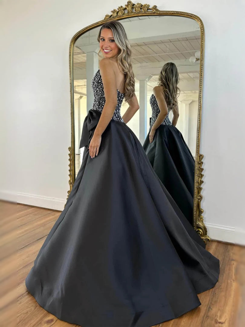 Black maxi prom dress, front view showing the a-line silhouette