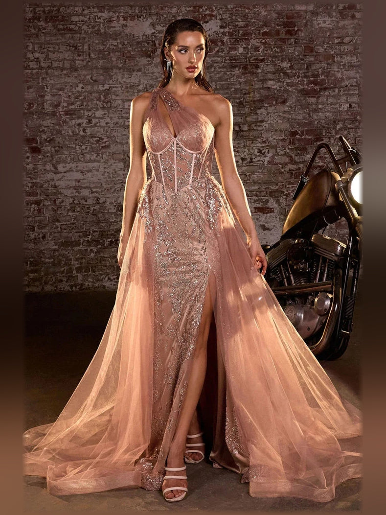 Rose Gold a-line floor-length formal dress with one-shoulder neckline, full-length front view