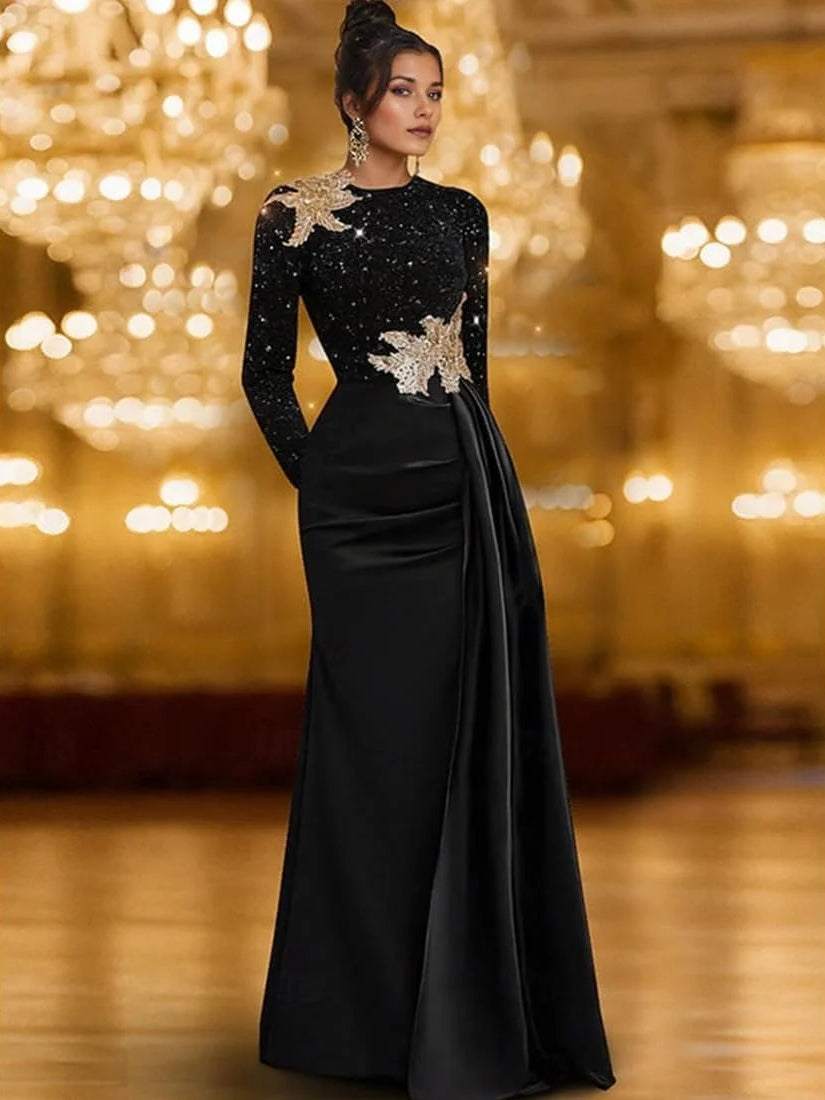 Black mermaid floor-length formal dress with sequins, full-length front view
