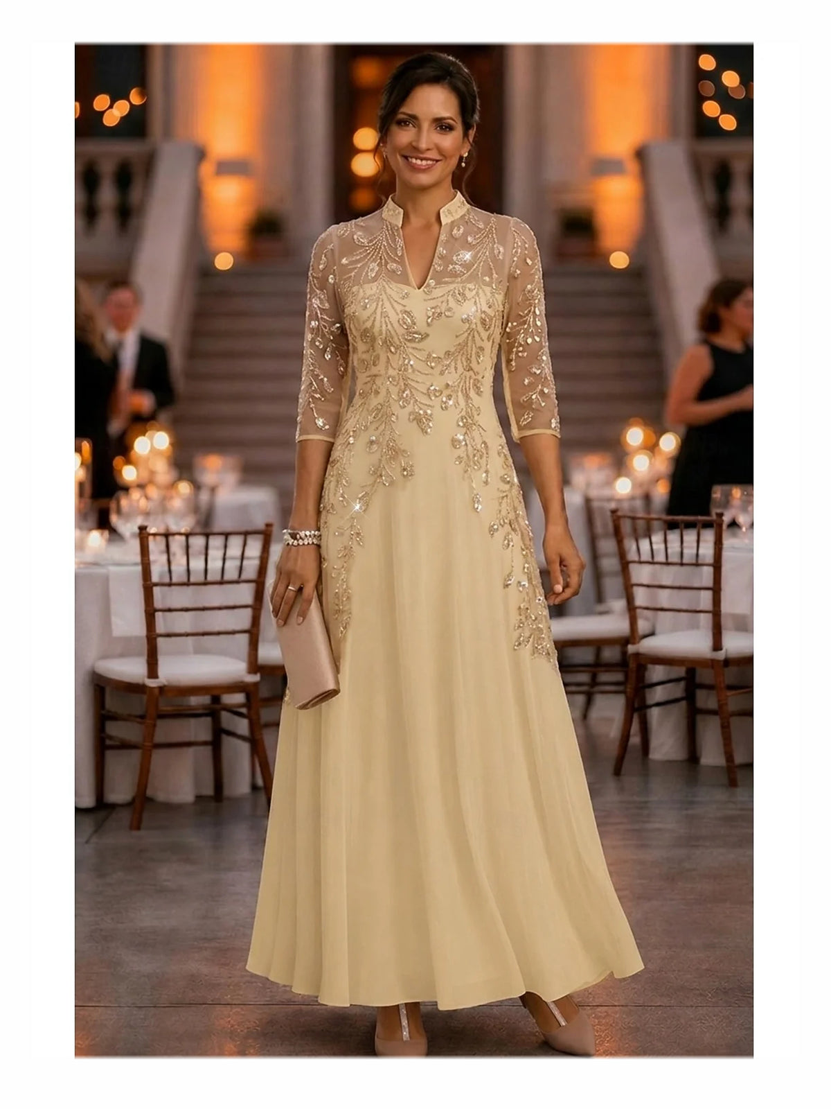 Champagne floor-length mother of the bride dress, front view showing the a-line silhouette