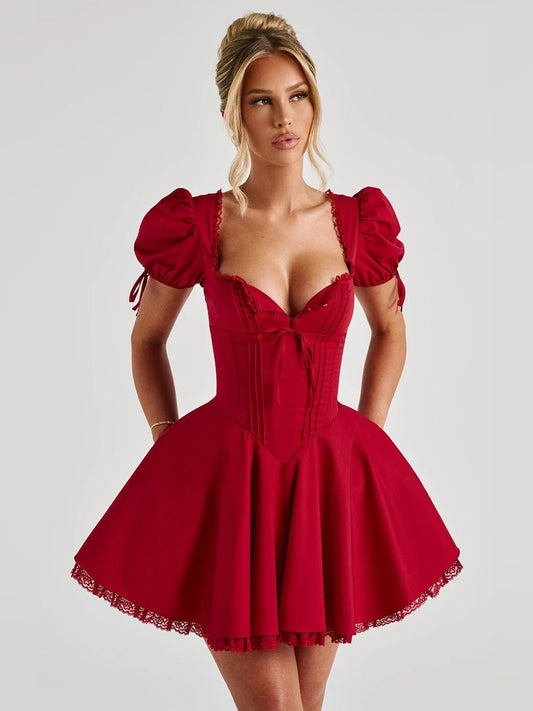 Red mini homecoming dress, front view showing the silhouette