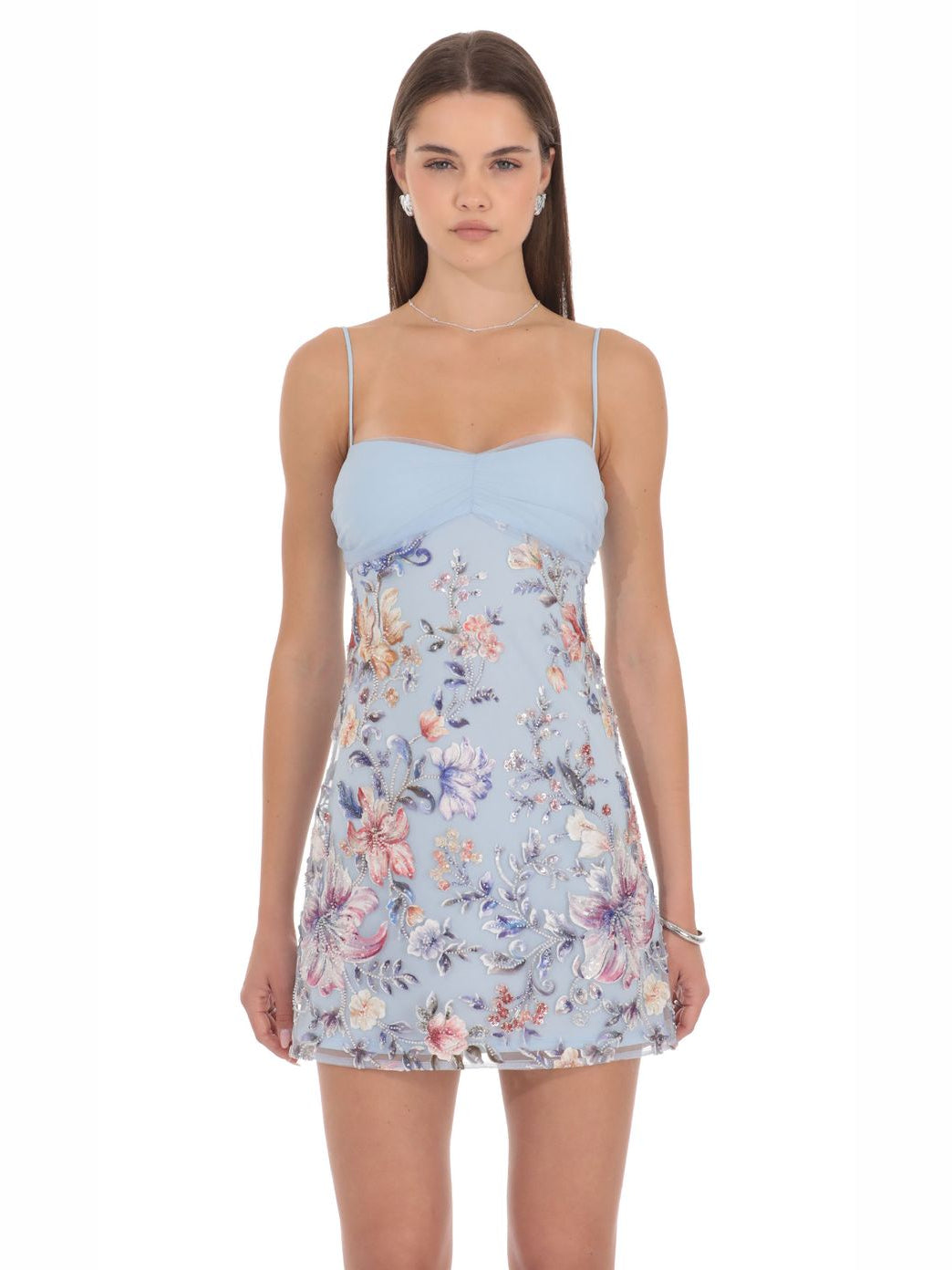 Light Blue mini homecoming dress, front view showing the silhouette