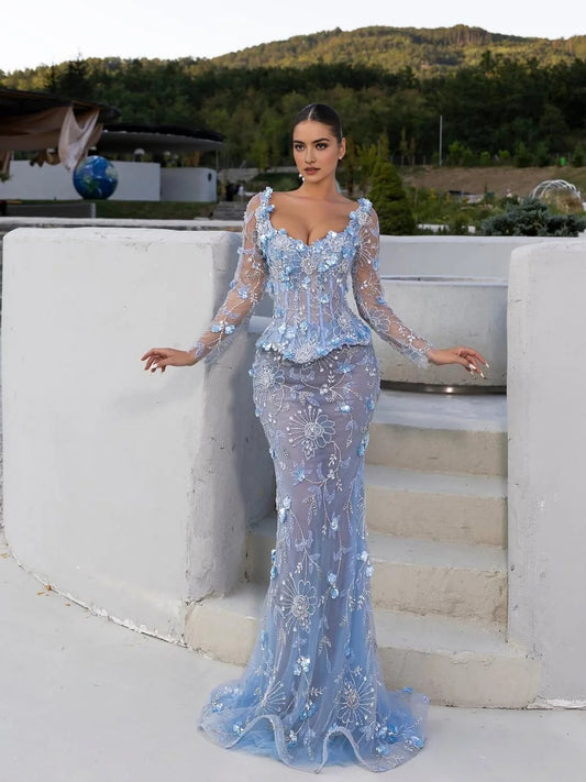 Light Blue mermaid floor-length formal dress with sweetheart neckline, full-length front view