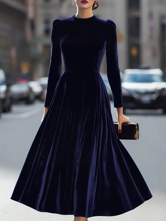 Navy Blue midi mother of the bride dress, front view showing the a-line silhouette