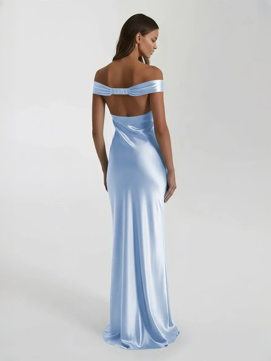 Aqua floor-length prom dress, front view showing the column silhouette