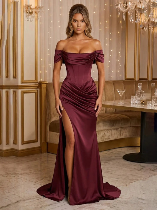 Burgundy mermaid maxi formal dress with off-the-shoulder neckline, full-length front view