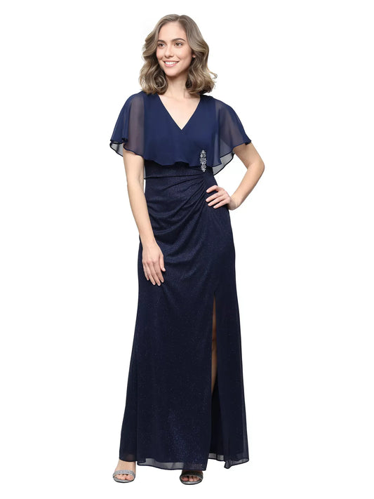 Navy Blue floor-length mother of the bride dress, front view showing the sheath silhouette