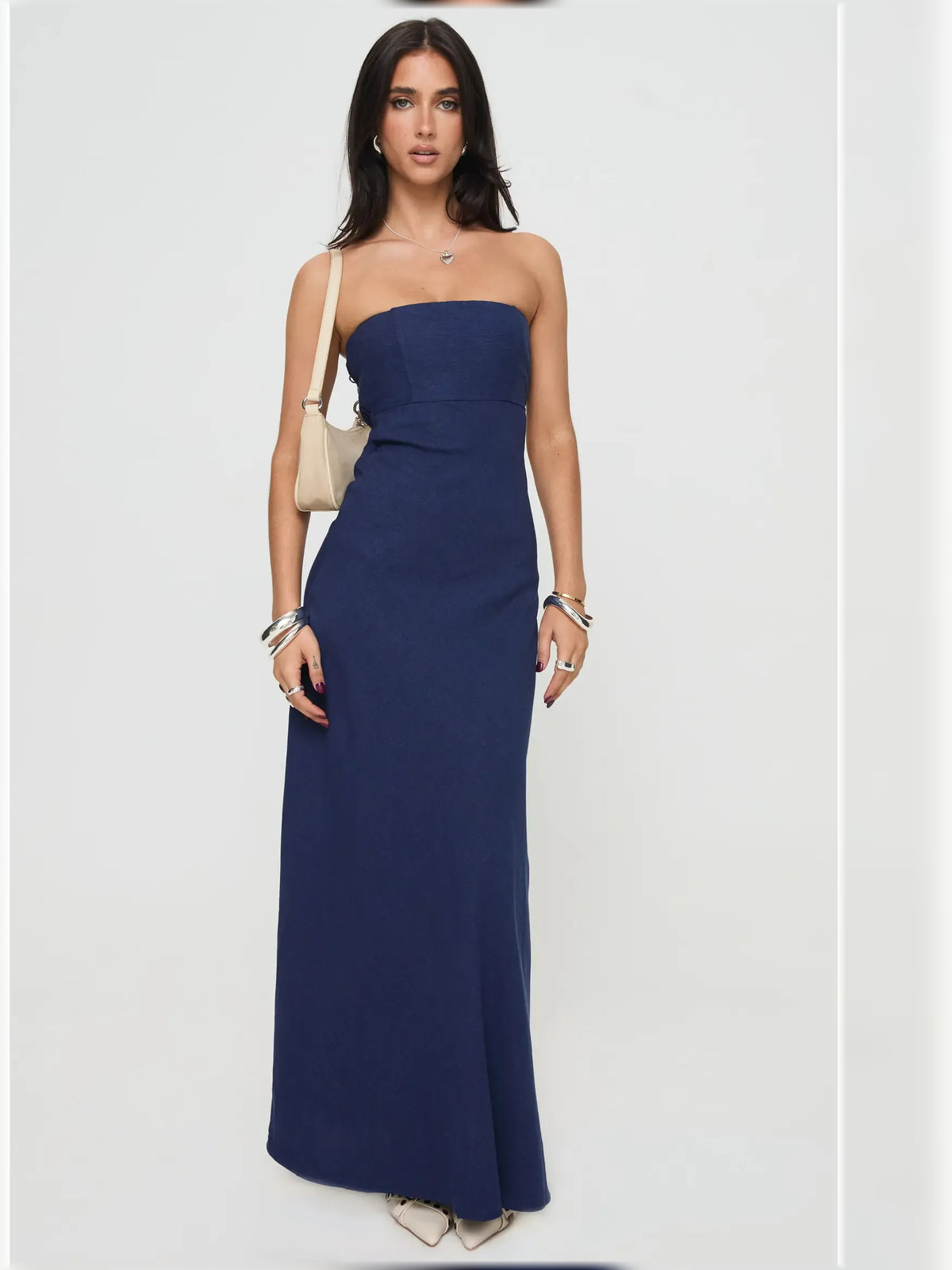 Navy Blue sheath floor-length formal dress with strapless neckline, full-length front view