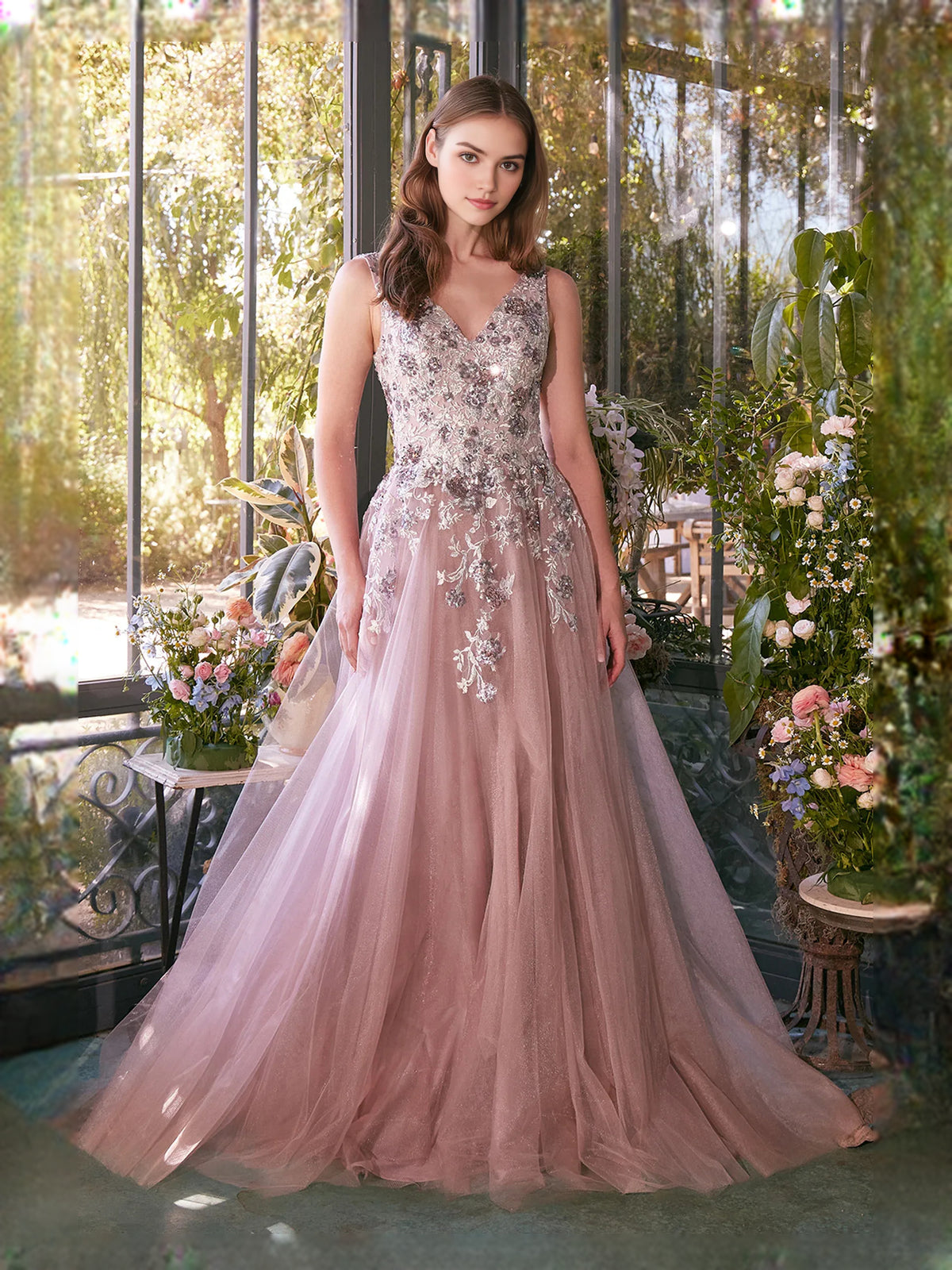 Rose Gold floor-length prom dress, front view showing the a-line silhouette