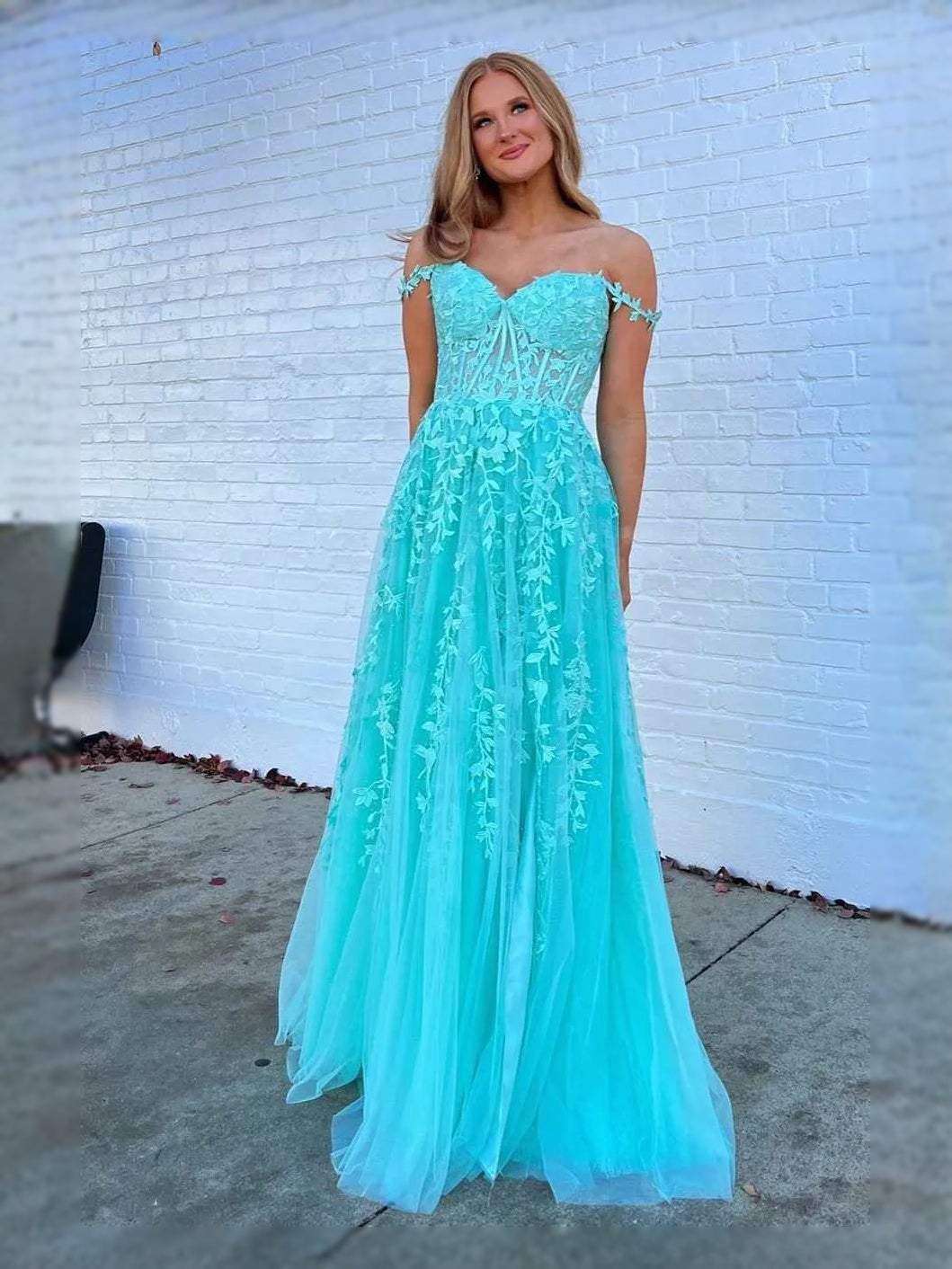 Mint Green maxi prom dress, front view showing the a-line silhouette