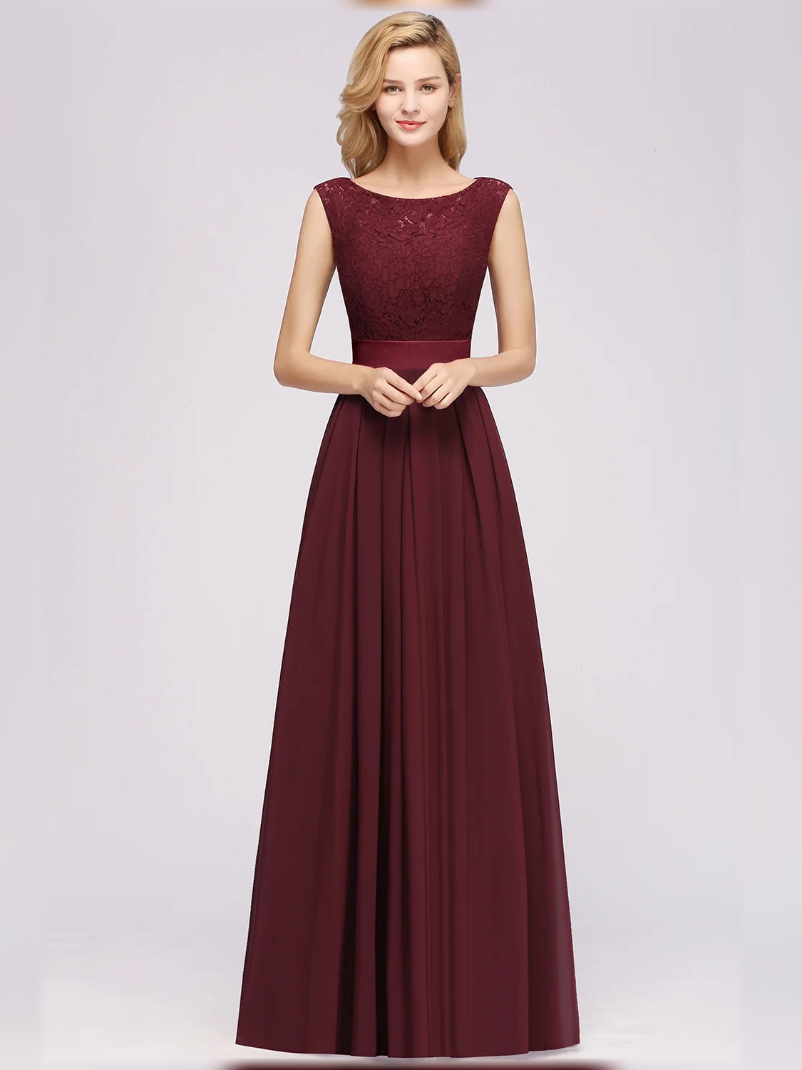 Burgundy floor-length bridesmaid dress, front view showing the a-line silhouette