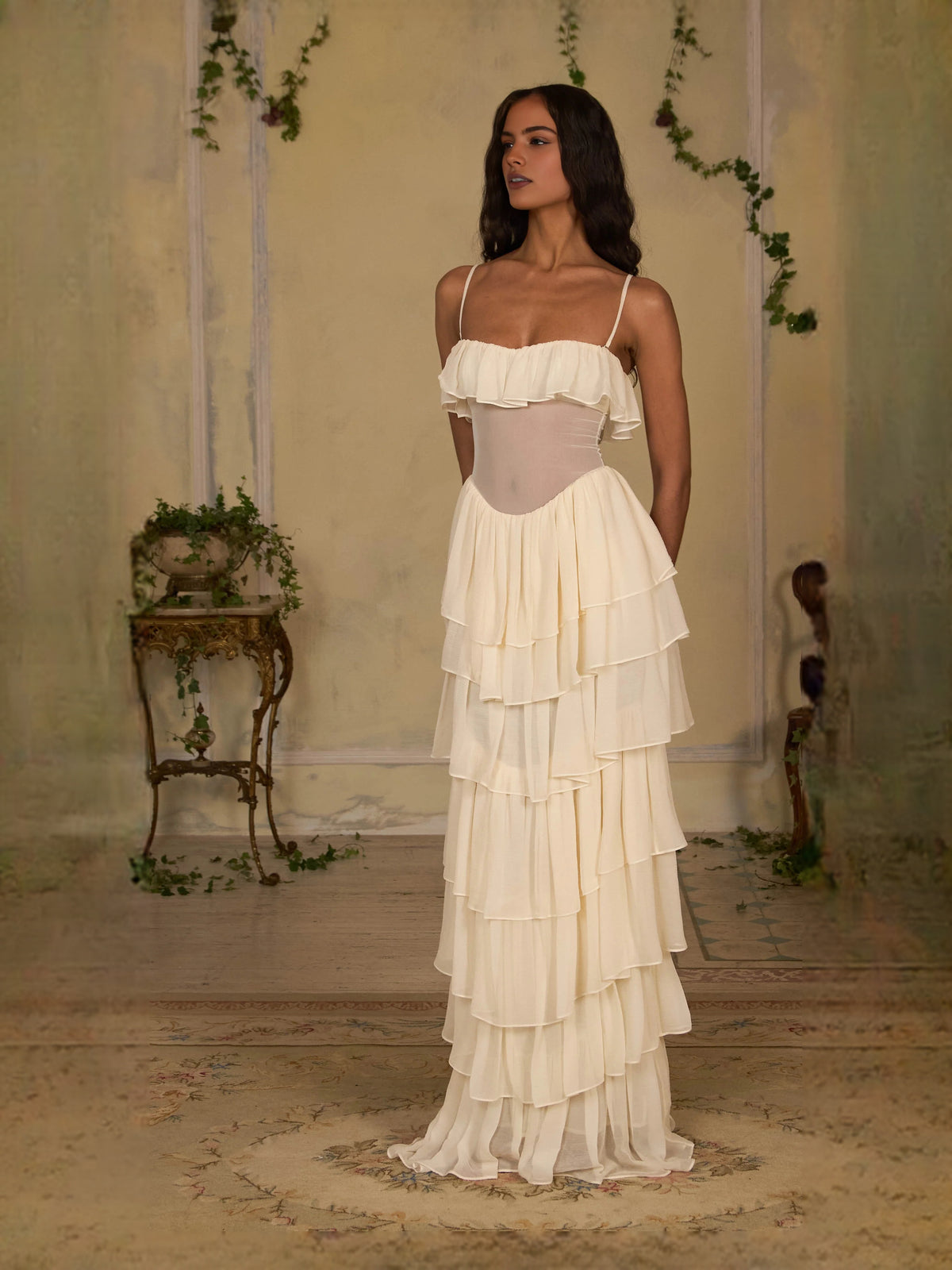 Ivory white floor-length prom dress, front view showing the a-line silhouette