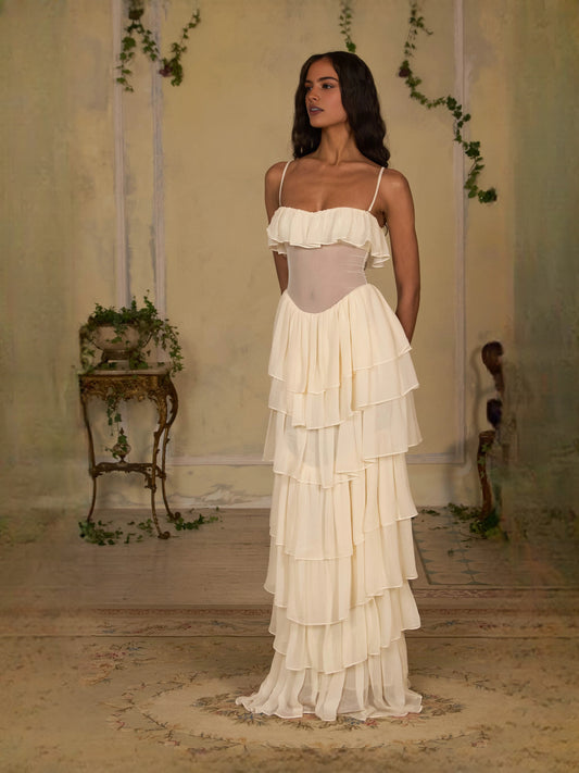 Ivory white floor-length prom dress, front view showing the a-line silhouette