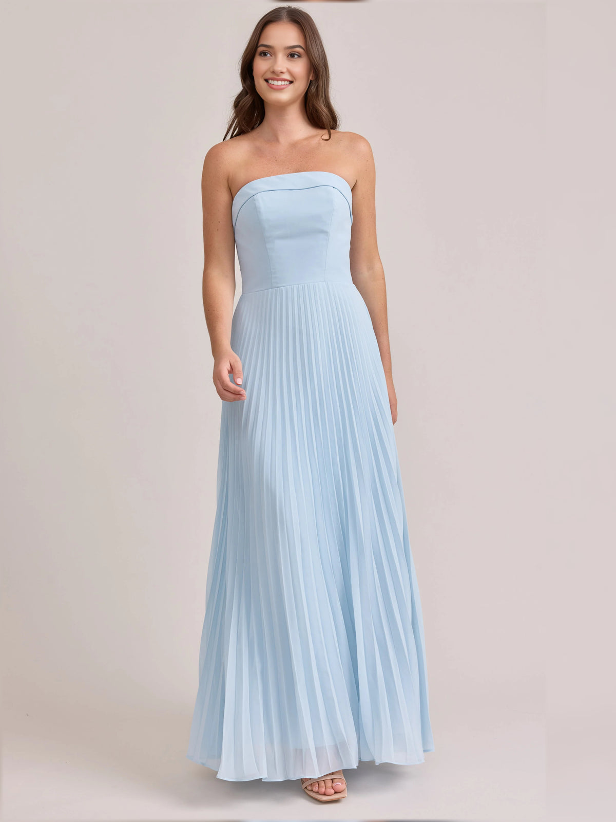 Light Blue maxi bridesmaid dress, front view showing the a-line silhouette